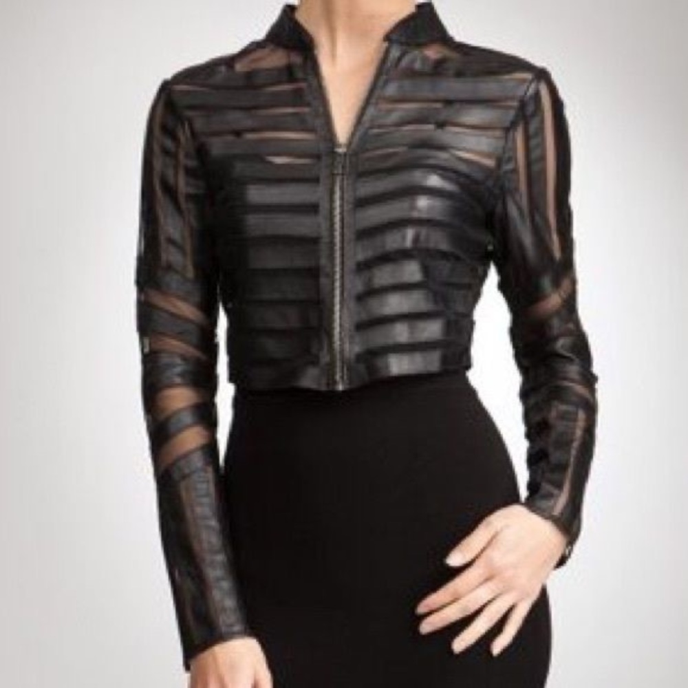 STRIPED MESH & FAUX LEATHER CROPPED JACKET